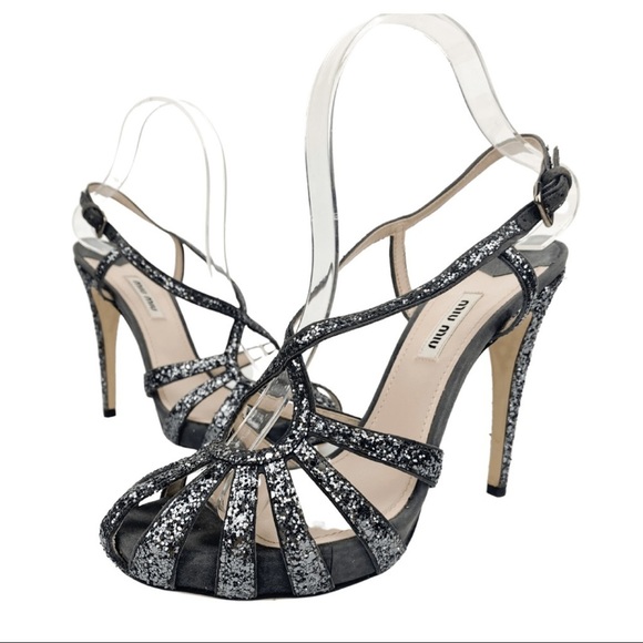 Miu Miu Silver Glitter Strap Sandal Heels / Ardesia / MSRP $956 / Women’s 8.5 - Picture 6 of 16